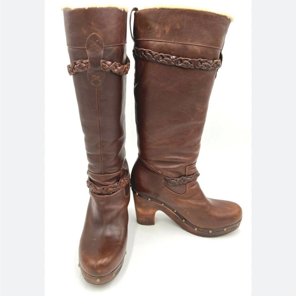Women’s Brown Leather Wooden Heeled UGG Boots with shearling Size 7